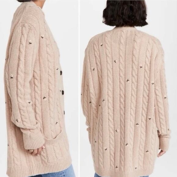 The Great. Embroidered Cable Knit Cashmere Wool Cardigan In Oatmeal XS - Picture 2 of 7